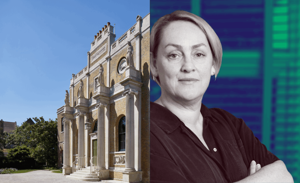 Split image of Pitzhanger Manor’s grand entrance and a portrait of a Rebecca Lyons standing confidently against a digital blue background.